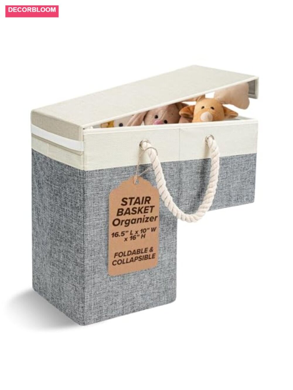 Stair Basket Storage Organizer with Lid - Linen, Rope Handles, Fits Standard